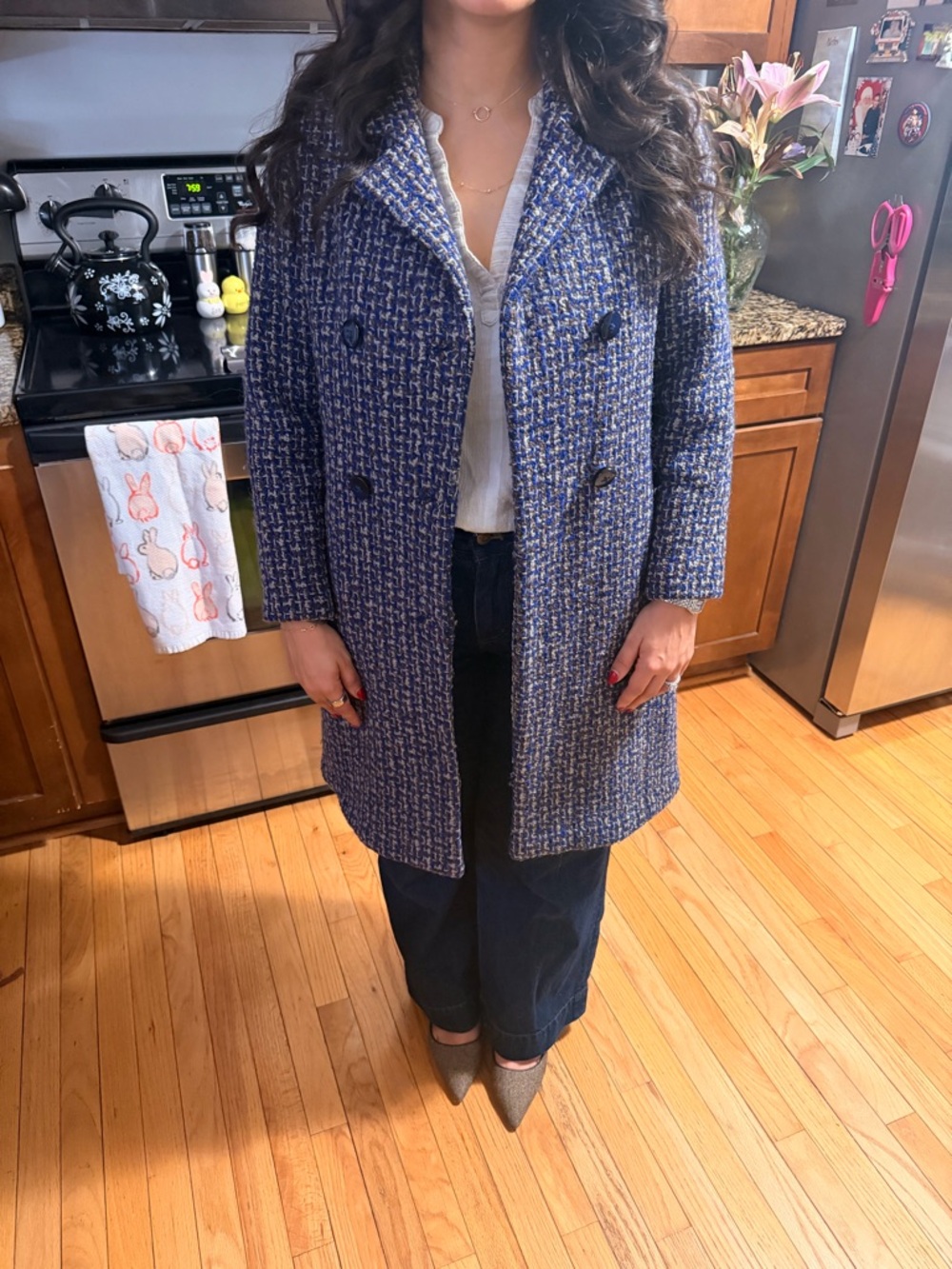Womens Blue Textured Double-Breasted Coat